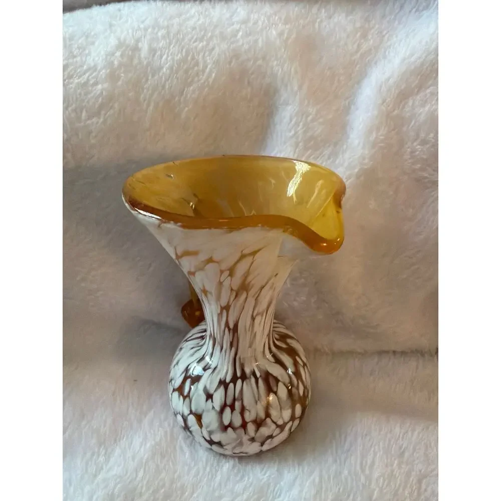 Vintage Amber White Spatter Cased Art Glass Pitcher Vase Applied Handle 5